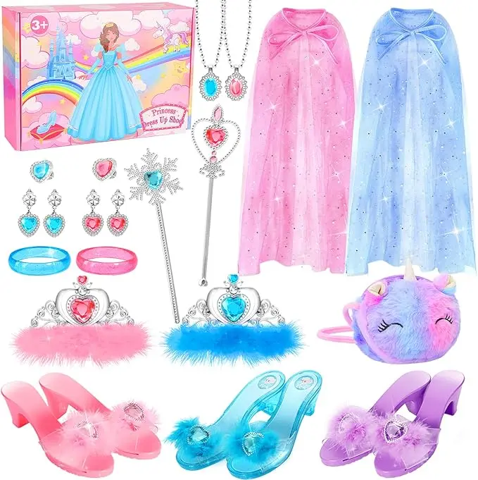 Princess Dress Up Shoes Set Little Girls Role Play Shoes Pretend Princess Gift Toy Set with 3 Pairs of Shoes,Princess Cape,Crown Tiaras,Unicorn Purse for Girls Aged 3,4,5,6 Birthday Christmas, summervibes clothing