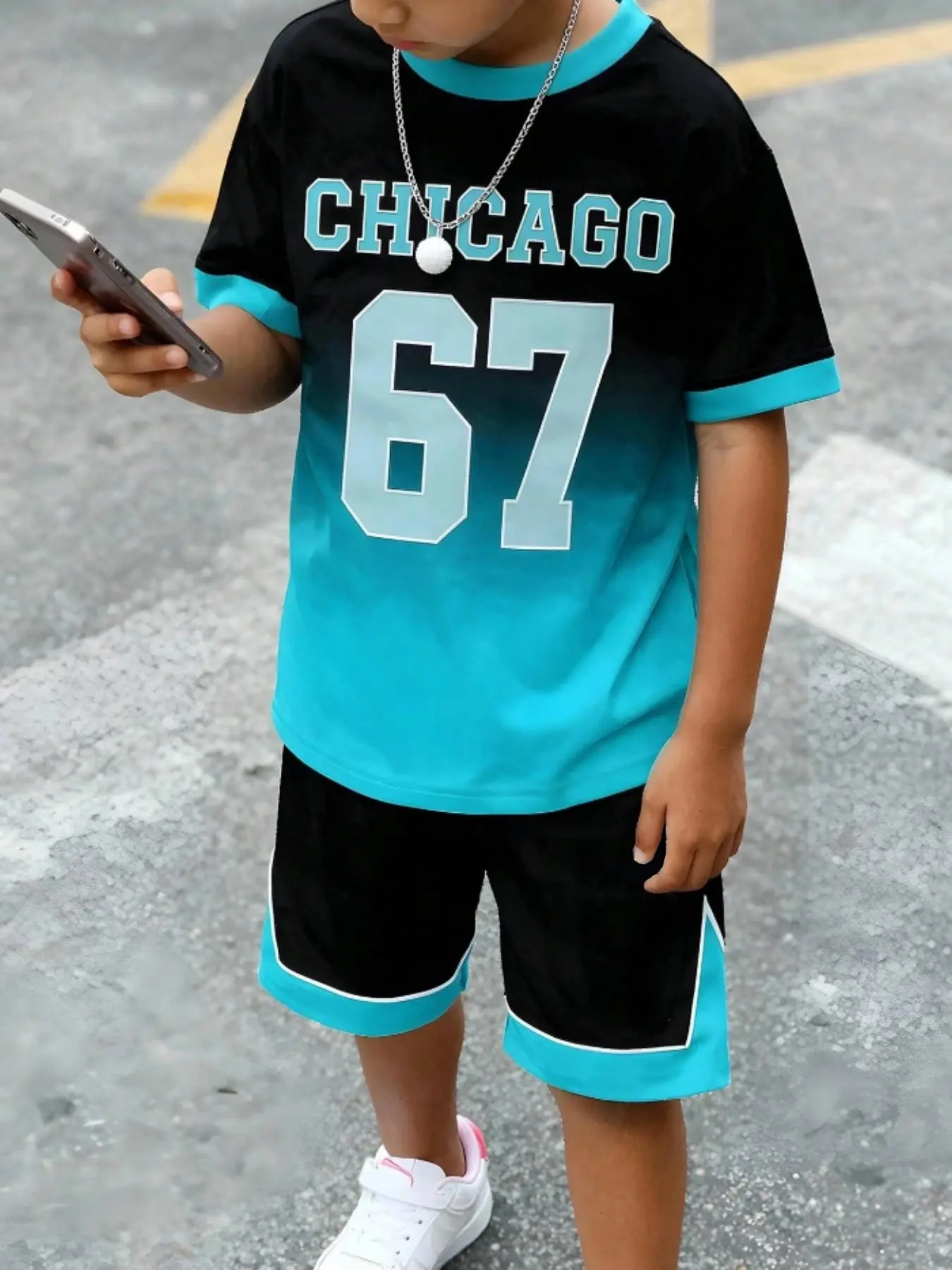 Trendy Basketball Style Kids Set, Sporty Style Clothes, Clothes Sets, Sports Clothing Set, Number 67 Printed Boys Short Sleeve Shorts Two-Piece Set, Casual Fitted for All Seasons