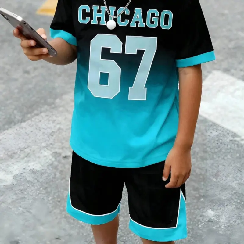 Trendy Basketball Style Kids Set, Sporty Style Clothes, Clothes Sets, Sports Clothing Set, Number 67 Printed Boys Short Sleeve Shorts Two-Piece Set, Casual Fitted for All Seasons