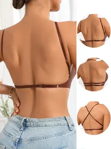 Women's Wireless Bralette Underwear with Thin Padding, Backless Design, Casual Fitted Style, Everyday, All Seasons Wear, Plaid Pattern, Three-Quarter Cups