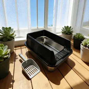 Stainless steel cat litter box, equipped with a plastic basin, a high-sided rectangular cat litter tray, suitable for small cats and dogs, splash-proof, easy to clean; 3 colors available. (Model: DM049)