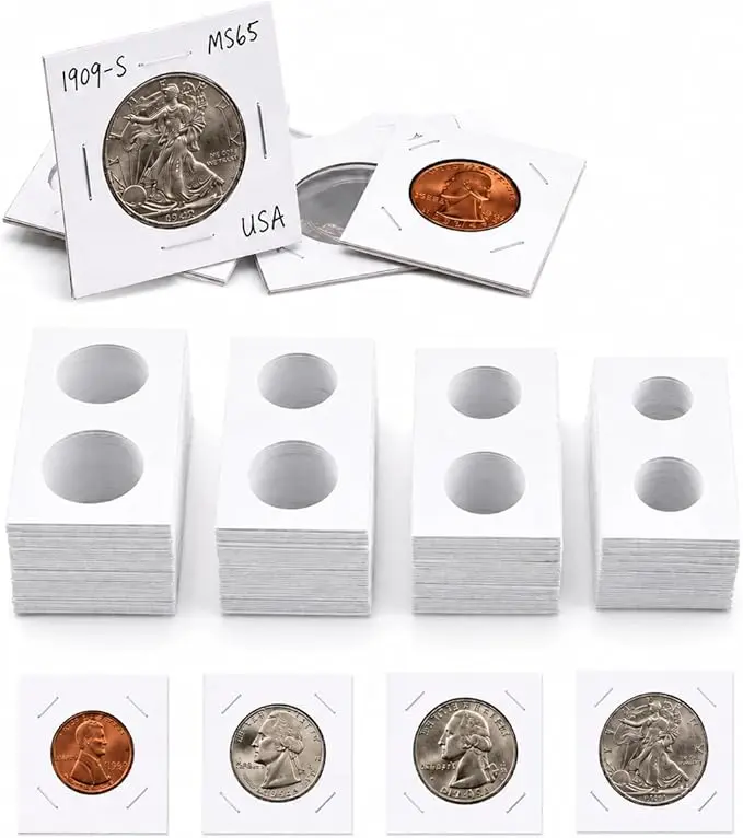 200 Pack Staple-Type Cardboard Coin Holders 2x2 with Mylar Windows – Assorted 6 Sizes Coin Flips for Penny, Nickel, Dime, Quarter & Dollar Coin Collectors Storage