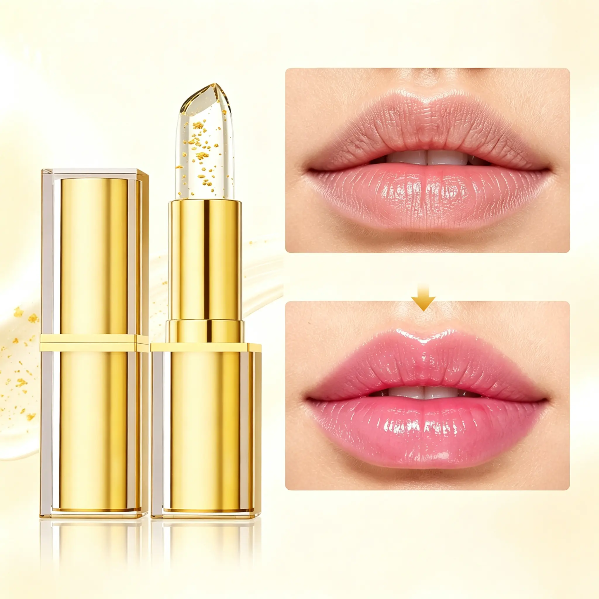 Color-Changing Lipstick Balm - pH & Temperature Responsive, Gold Crystal Glow, Moisturizing Non-Drying Glossy Lip Care Cosmetic for Adults, Hydrating Moisturizer for Soft Juicy Everyday Use