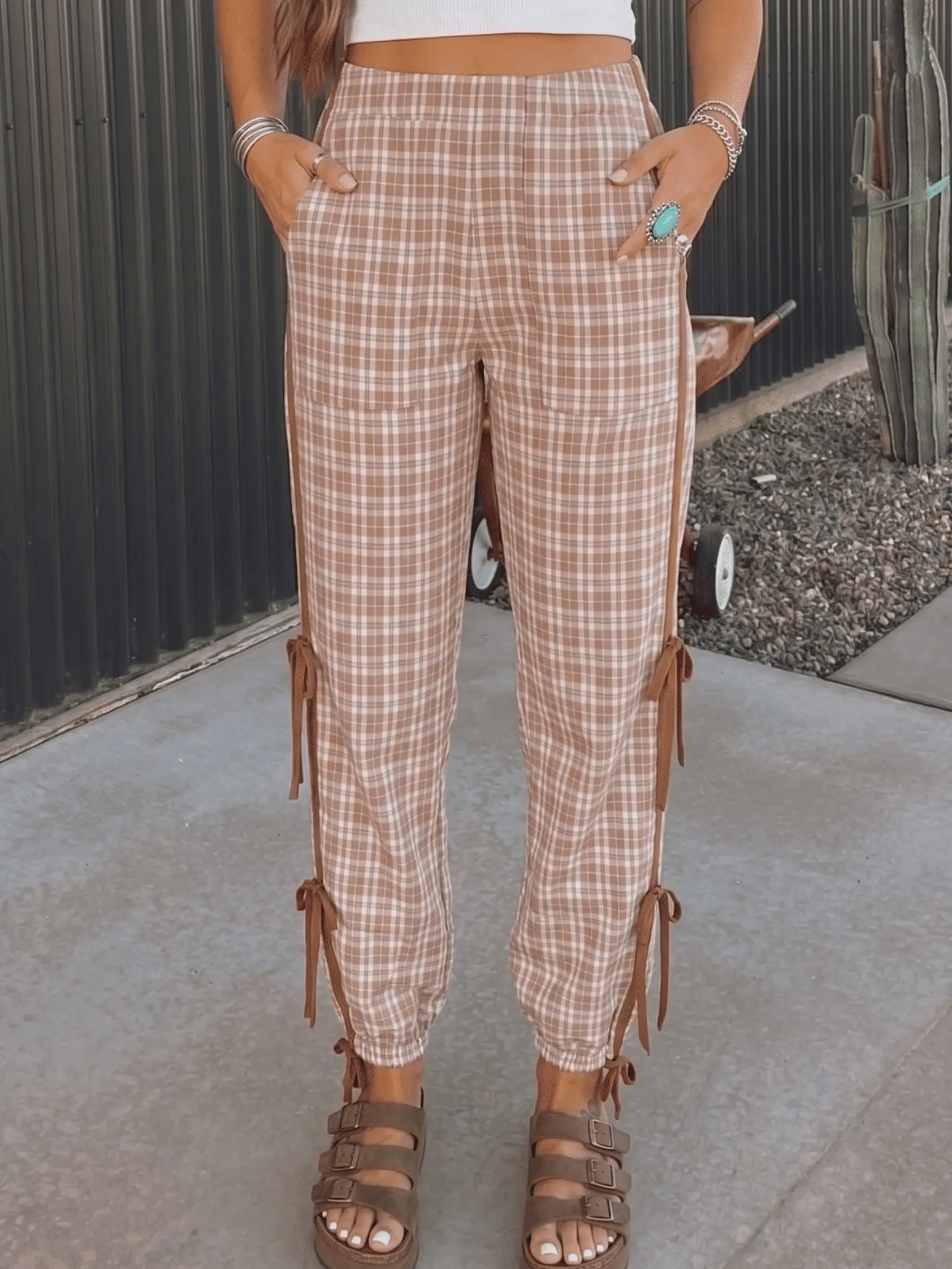 Plaid Print Elastic Waist Bow Tie Contrast Detail Jogger Pants,  They Are Perfect for Stylish Leisurewear or Chic Streetwear.