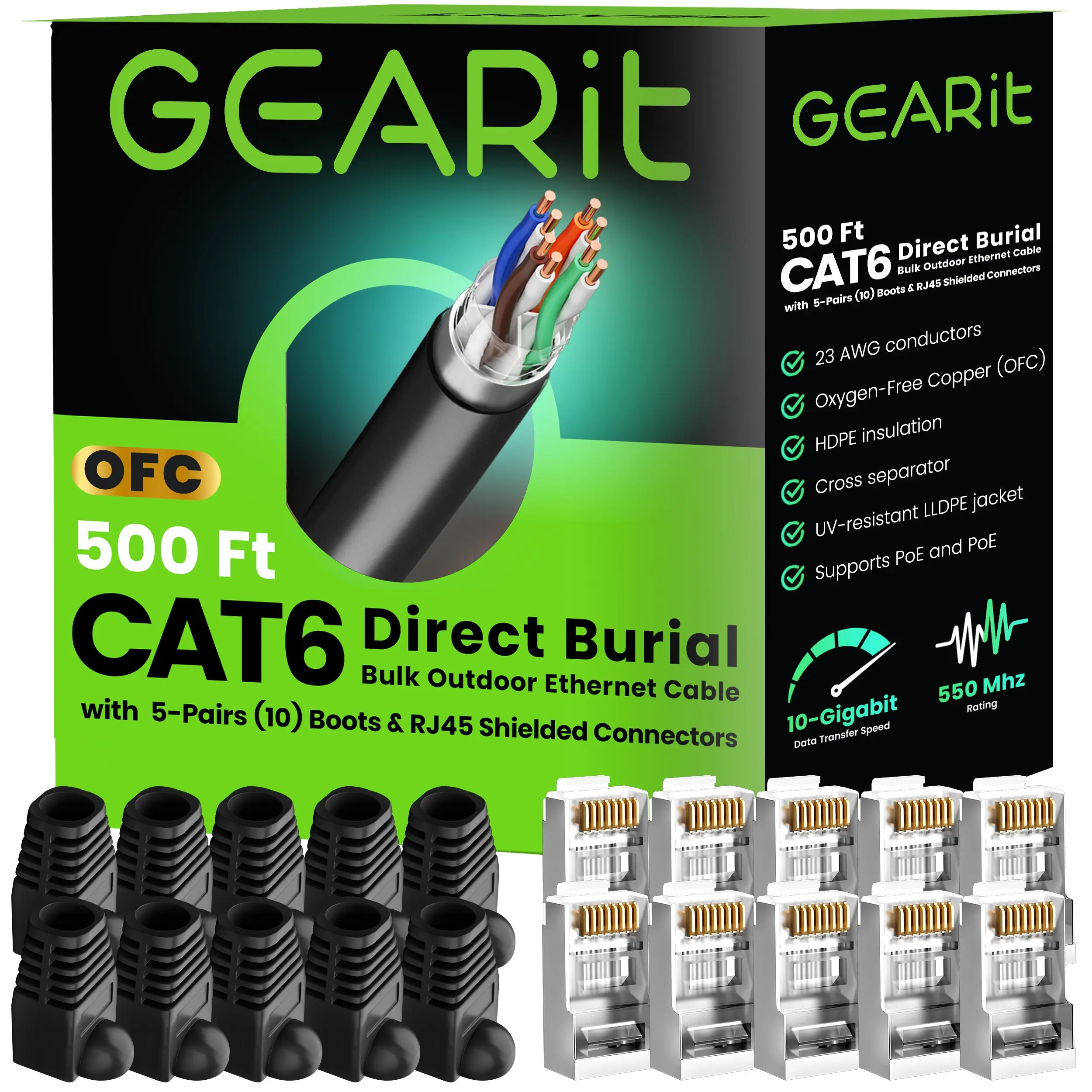 GEARit CAT6 Cable Outdoor 500FT 1000FT Bulk, FTP Ethernet 24 AWG Direct Burial