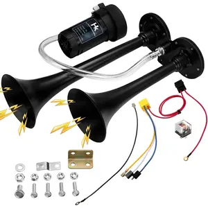 150db Super Loud Dual Trumpet Air Horn Kit with Compressor, 12V Heavy Duty Horn for Vehicles Trucks Trains Boats, Black