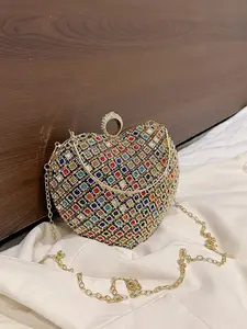 Women's Elegant Rhinestone Decorated Evening Bag, Exquisite Trendy Heart Shaped Crossbody Bag, Fashionable Bag for Party Decoration, Casual Trendy Bag, Heart Studded Bag