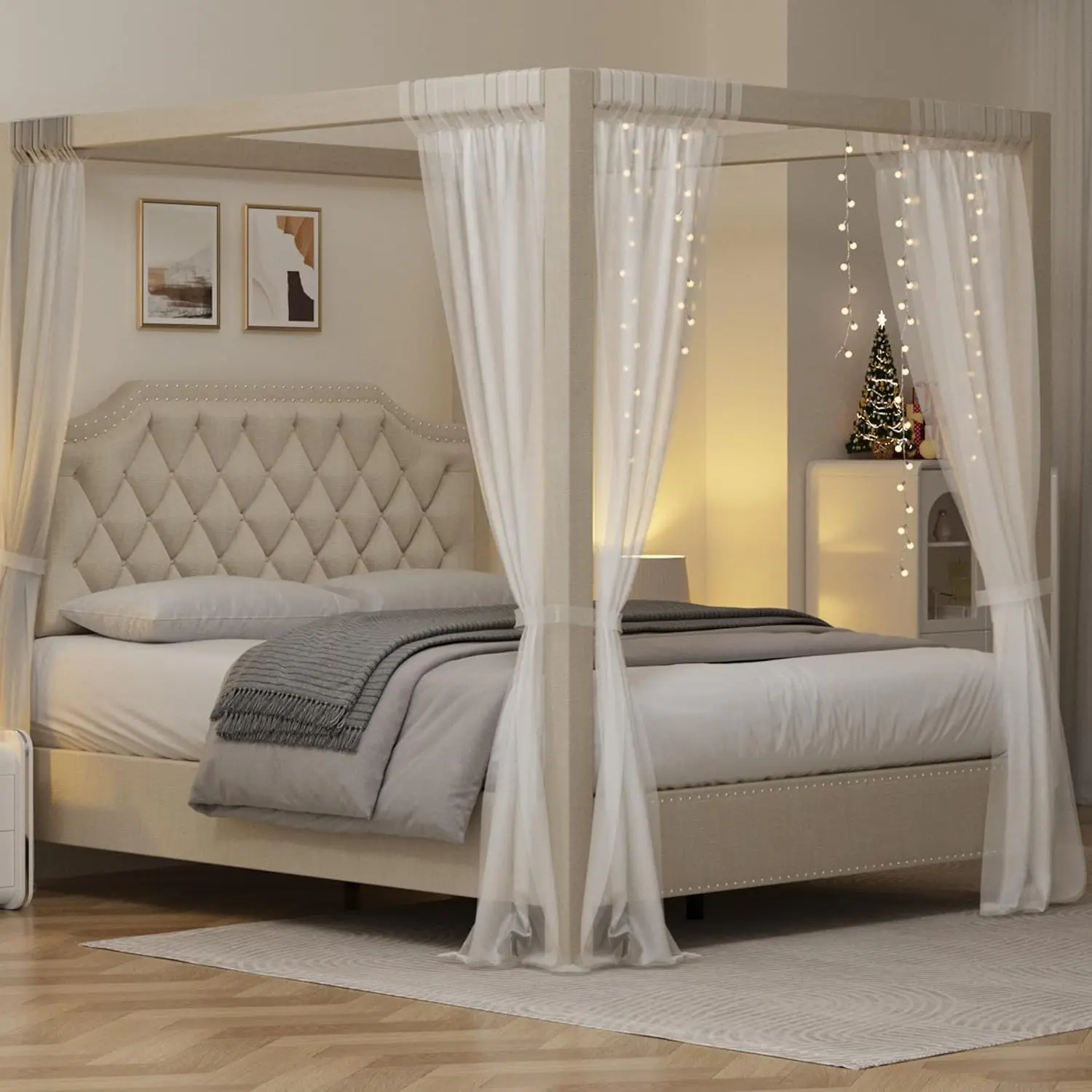 Queen Size Upholstered Canopy Platform Bed Frame with Button Tufted, Nailhead Trim Headboard, No Box Spring Required, Natural Indoor Bedroom Furniture, Tufted Beds, Queen Bed Frame With Headboard