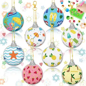 8-Piece Summer Theme DIY Diamond Painting Keychain, Acrylic Handmade Rhinestone Pendant, Party Decor, Gift for Friends, Holiday Gift