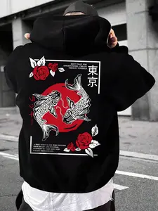 Men's Fish & Floral Print Pocket Drawstring Hoodie, Loose Casual Drop Shoulder Long Sleeve Hooded Sweatshirt, Men's Spring & Fall Clothes