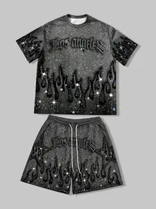 Y2K Dark Grunge Rhinestone Flame Print Matching Set, Black Vintage Washed Short Sleeve T-shirt and Elastic Waist Shorts, Loose Fit Streetwear Tracksuit, Summer Essential for Daily Outings, Street Style & LA Inspired Looks