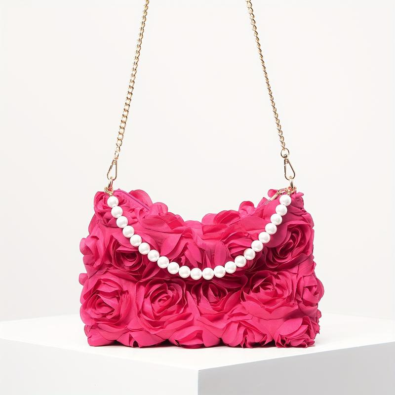 [Wedding Accessory] Elegant Rose-Embellished Crossbody Bag with Faux Pearl Accents - Sweet Pink Floral Evening Clutch, Ideal Valentine's Gift for Women, Polyester Lining, Zip Closure, Wedding Gifts