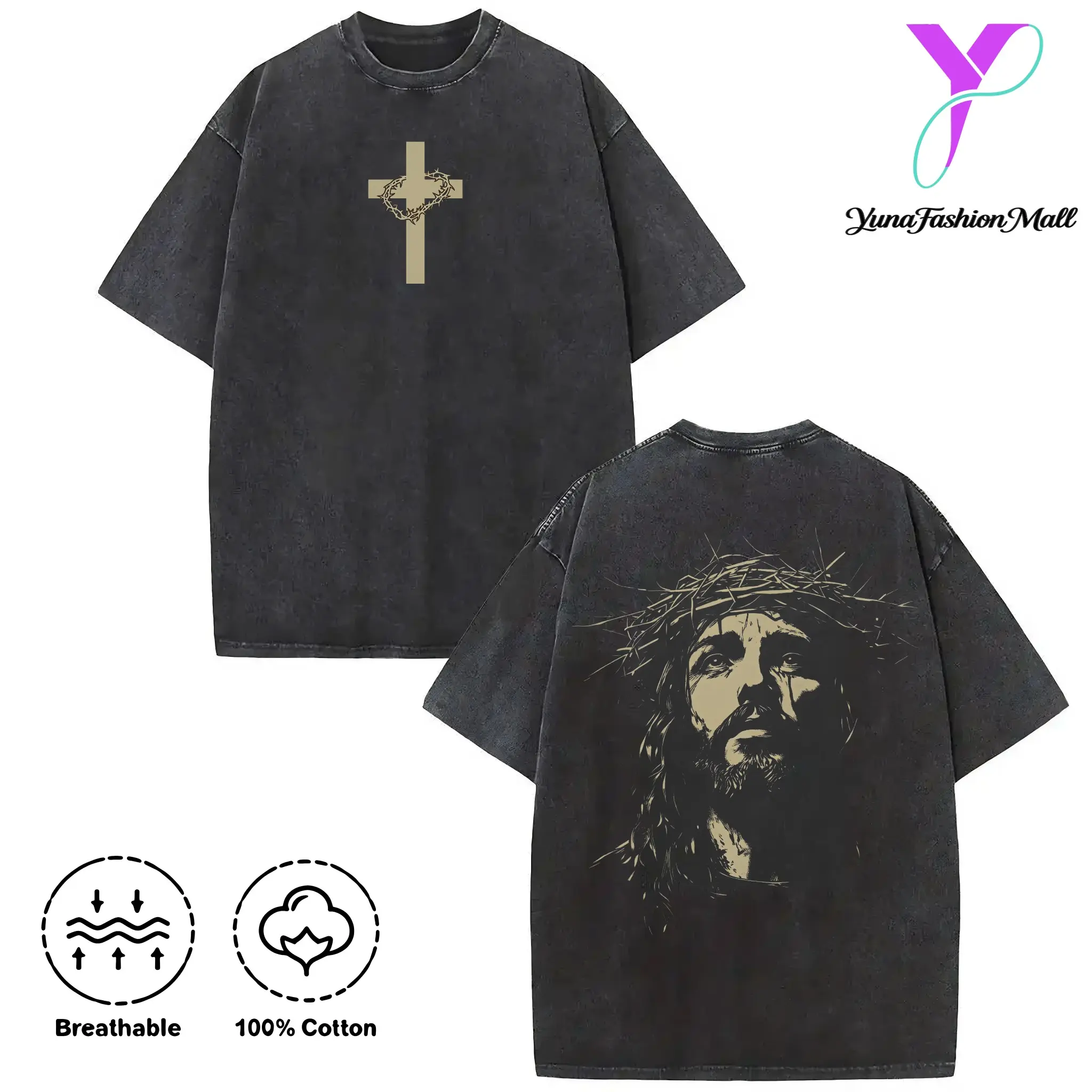 Washed T-shirt 100% Cotton 1 PCS Religious "Jesus With Crown Of Thorns" Graphic Tee: Featuring Distressed Vintage Finish, Front Cross Print Adorned With Crown Of Thorns, Back Artistic Portrait Of Jesus Wearing Crown Of Thorns, Crafted From Breathable