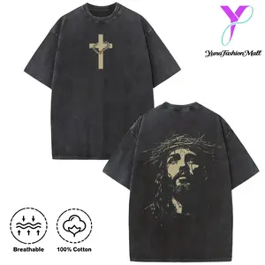 Washed T-shirt 100% Cotton 1 PCS Religious "Jesus With Crown Of Thorns" Graphic Tee: Featuring Distressed Vintage Finish, Front Cross Print Adorned With Crown Of Thorns, Back Artistic Portrait Of Jesus Wearing Crown Of Thorns, Crafted From Breathable