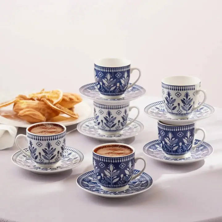 Karaca Peyker 12-Piece Bone China Turkish & Espresso Coffee Cup Set for 6, 85ml, Blue & White