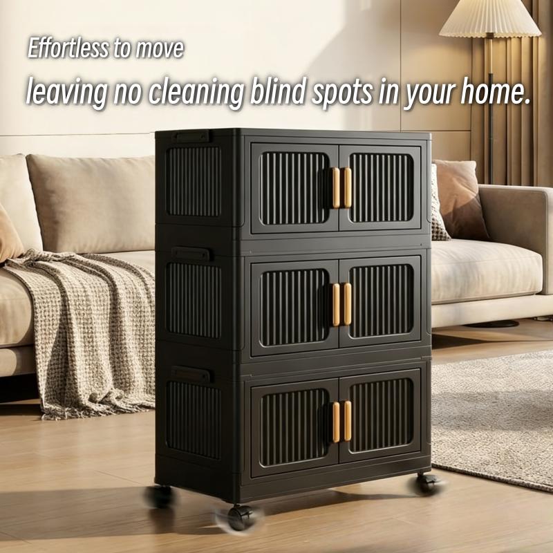 3/4/5-Tier Foldable Storage Cabinet, Stackable Plastic Storage Boxes with Lids for Bedrooms, Multi-Functional and Convenient Wardrobe Storage Box with Casters for Living Rooms, Kitchens, and Bedrooms—Ideal for Storage and Organization (Black)