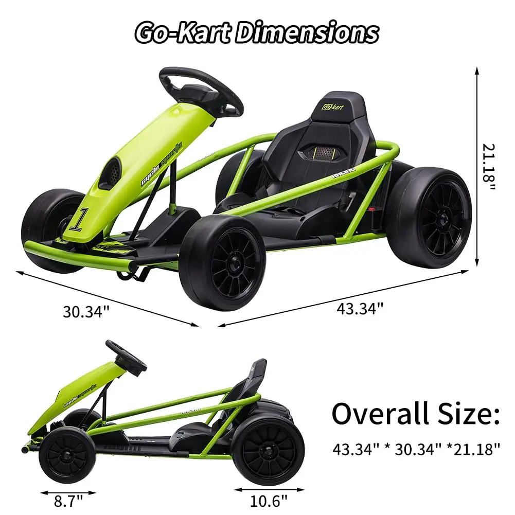Gaomon 24V 9Ah Electric Go-Kart Ride On Car for 8+,12 Years Above, Dual 300W Motors, 8MPH Speed, Drifting Function, Music & Horn, All-Terrain Large Nylon Rear Tires, 175Lbs Max Load, Steel Frame, 85% Assembled, Holidays/Birthdays Gift