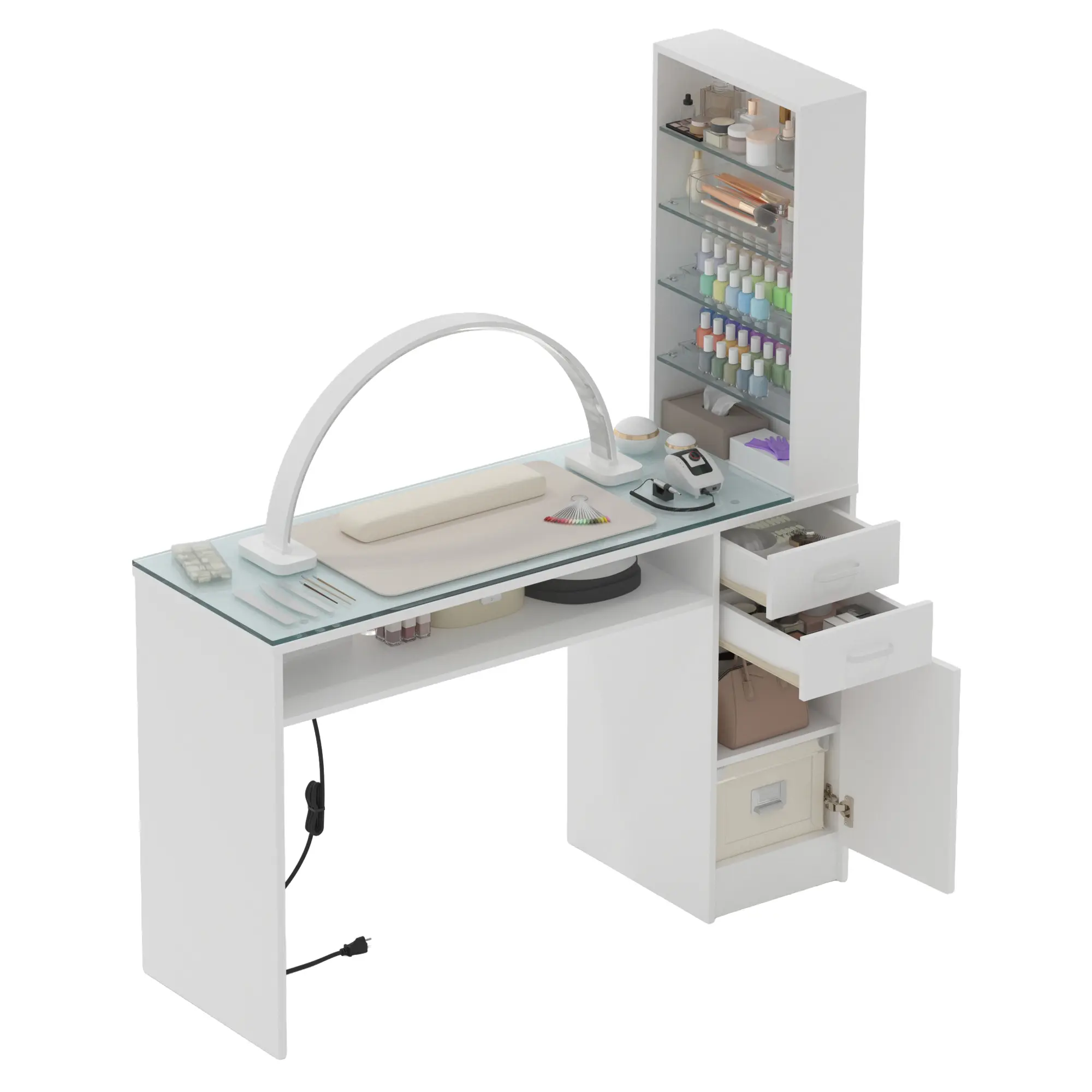Naiyufa Commercial Salon   with Glass Top, Ac Outlets, 5-Tier Storage Shelves, Drawers, Cabinet & Wrist Rest, White Nail Desk for Nail Techs