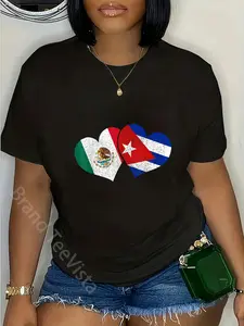 100% Cotton Unisex Mexico Cuba Hearts Mexican Cuban Flag T-Shirt Casual Graphic Printed Vintage Tshirt