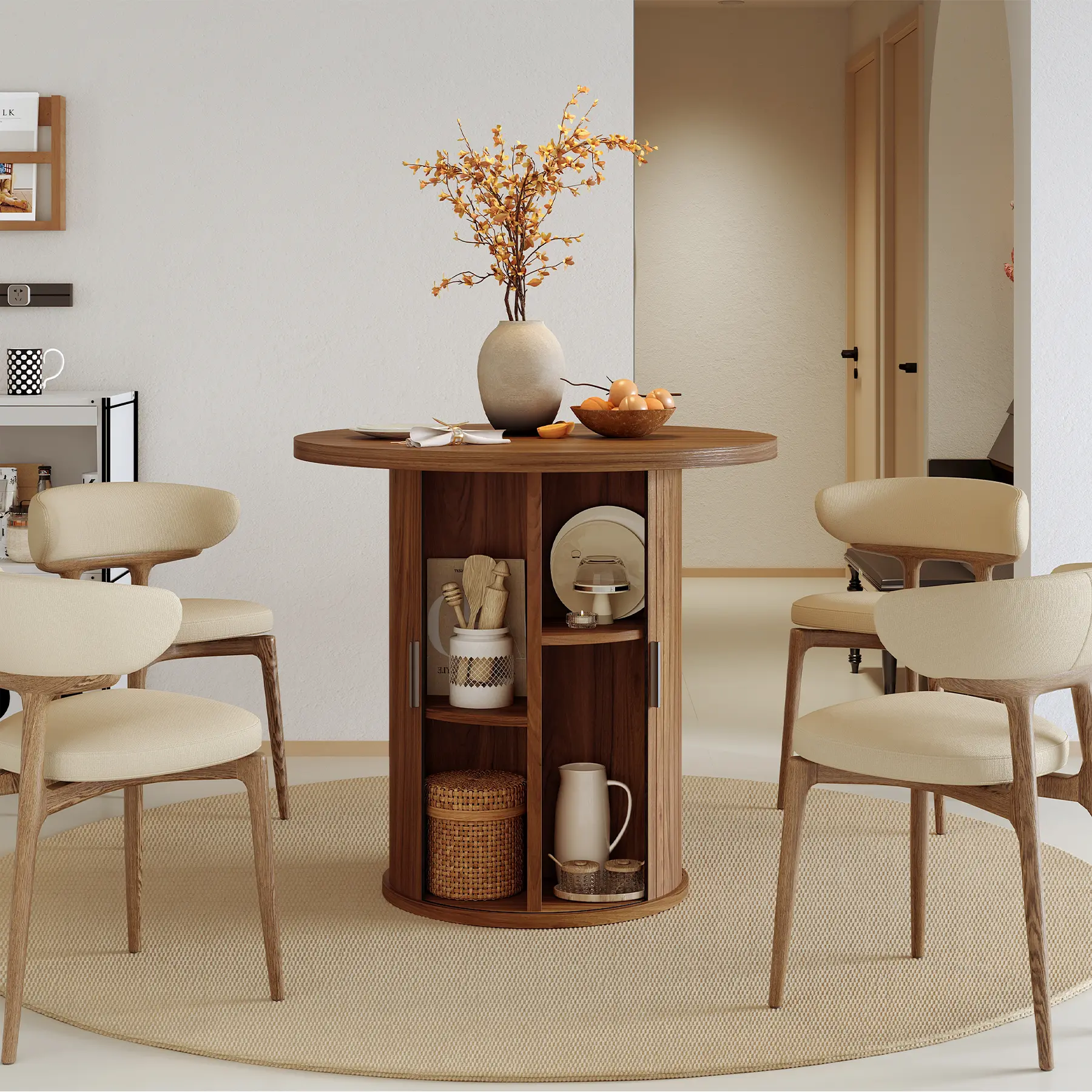 Round Dining Table for 2, Versatile Two-Person Kitchen Table with Half-Open Storage Shelf & Sliding Door, Modern Farmhouse Circle Dinner Table for Dining Room, Living Room