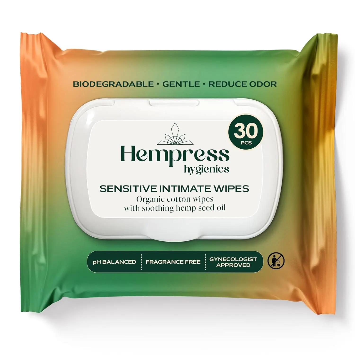 Hempress Sensitive Intimate Wipes for Women 30ct, pH-Balanced, 100% Cotton, Fragrance-Free & Non-Toxic Feminine Care for Body, Face & Intimate Areas