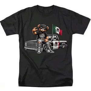 [100% Cotton] Mens Fashionable Crew Neck T-Shirt - Comfortable Fit, Slight Stretch, PatternedPrint Mexican Bear with Truck and Flag Tee  Stand Out,Streetwear Black