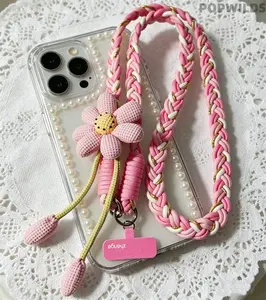 Cute Women Woven Hemp Rope Phone Shoulder Strap, Fashion Flower Crossbody Long Lanyard, Stylish Hanging Chain Back Clip Design, Adjustable Length Portable Rope, Trendy Daily Accessory, Easy To Carry For Outdoor And Casual Use