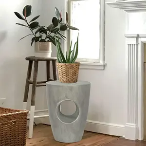 Adeco 18.11" H Concrete Side Table for Outdoor, Modern Accent End Coffee Table Drink Table Nightstand, Unique Drum Plant Stand for Garden Patio Living Room