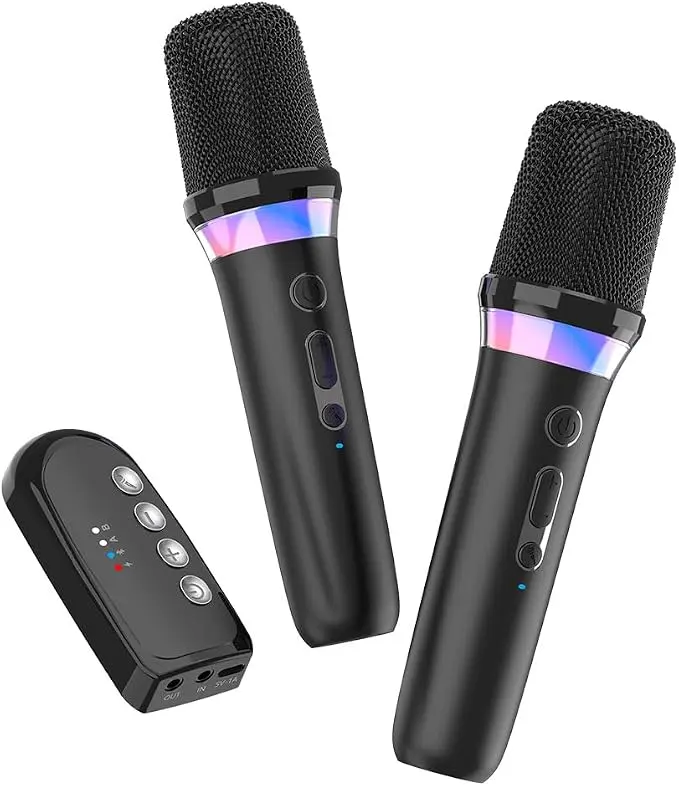 Car Karaoke Microphone Suit for Most Cars - 2 Wireless Bluetooth Mics, RGB Light, Joy Sound Effects, 3.5mm AUX, Receiver Included, Portable Party Mic for SUV, Sedan, Truck