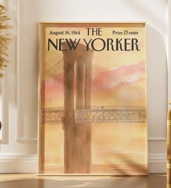 [25% OFF] [UNFRAMED]    New Yorker Poster | Brooklyn Bridge Sunset Cyclist Watercolor Print | Mid-Century Magazine Art