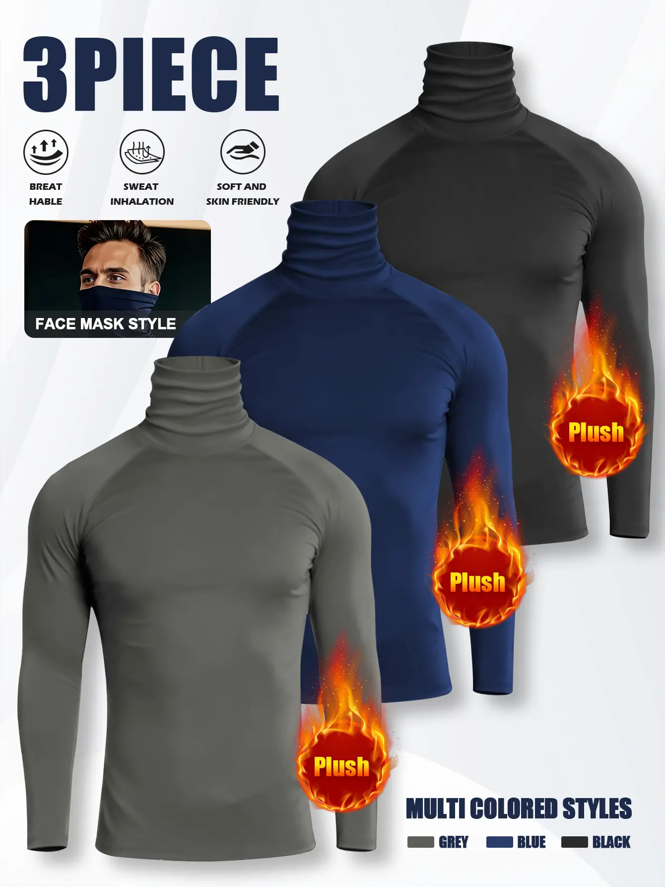 Men's Fleece-Lined Three-Piece Sports Set with Face Mask Lightweight Highly Stretchable Compression Sportswear Ideal for Running and Fitness 60069 summerwins,back to school,back to school haul