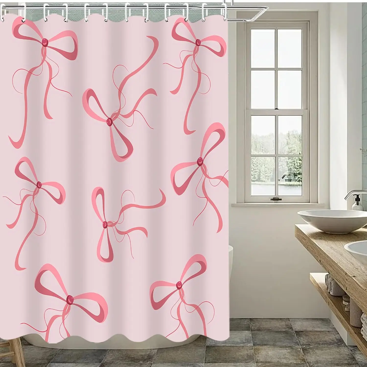 Bow Knot Shower Curtain Cute Waterproof Bathroom Shower Curtains with Hooks, Suitable for Bathrooms or Bathtub Decoration