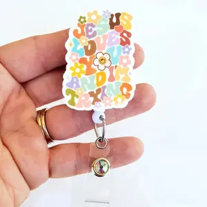 Jesus Loves You And I'm Trying Badge Reel, Christian Nurse Retractable ID Holder, Faith Healthcare Gift BIJ