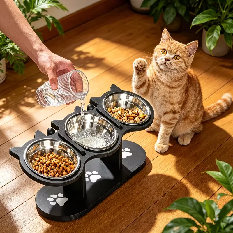 15° Tilted Elevated Pet Feeding Stand, Anti-Spill Black Wooden Base,Foldable Raised Bowl Holder, With Stainless Steel Bowls & Slow Feeder Dish, Suitable for Small Medium Large Dogs Cats，Perfect Daily Indoor Dining Solution for Household Pets