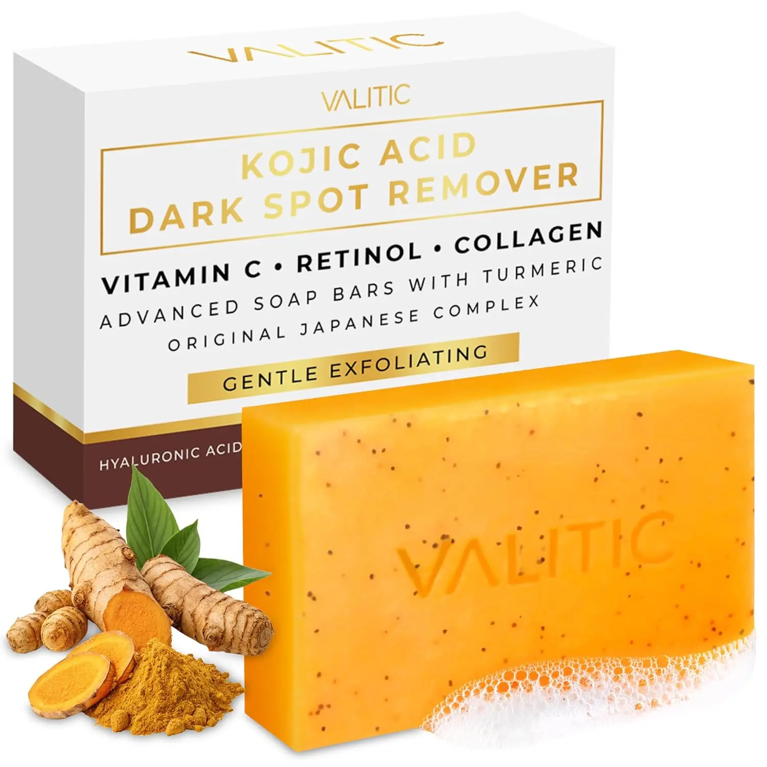 VALITIC Kojic Acid Turmeric Bar Soap for Face & Body - Dark Spot Fade Body Care, Exfoliating Hyperpigmentation Corrector with Retinol, Vitamin C, Collagen, Hyaluronic Acid (Patch Test First, Single Item)