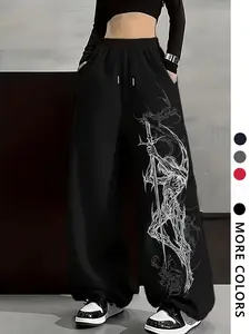Fashion Street Style Vintage Y2K Punk Graphic Print Womenswear Women's Straight Pants, Loose Fit for All Seasons, Trendy Casual Wear Bottoms