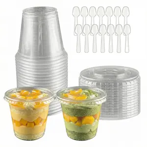 150-Piece Disposable Plastic Cup Pack (9/10 Oz Cups + Flat Lids + Spoons, 50 Each) - Clear Dessert Containers with Lid Holes, Repurposable Compostable Kitchen Drinkware for Ice Cream, Parfait