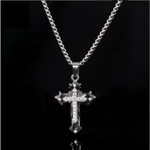 Bogadion Mens Diamond Cross Necklace Hip Hop Jesus Pendant Chain Stainless Steel Cuban Link Layered Jewelry Cool Streetwear Accessories