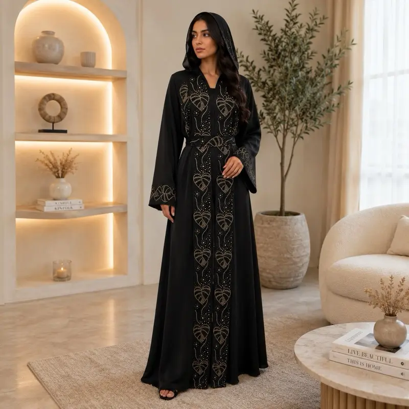 Dubai Abaya in Brown with Long Sleeves, Drawstring Waist, and Embroidered Design