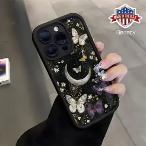 Black High Bamboo Moon Butterfly Pattern Phone Case for iPhone 16, 15, 14, 13, 12, 11, Plus, Pro, Max,Xsmax. Perfect Birthday Gift for Friends TPU Fully Wrapped Camera Men's and Women's simple anti-drop protective TPU case Shockproof Cover