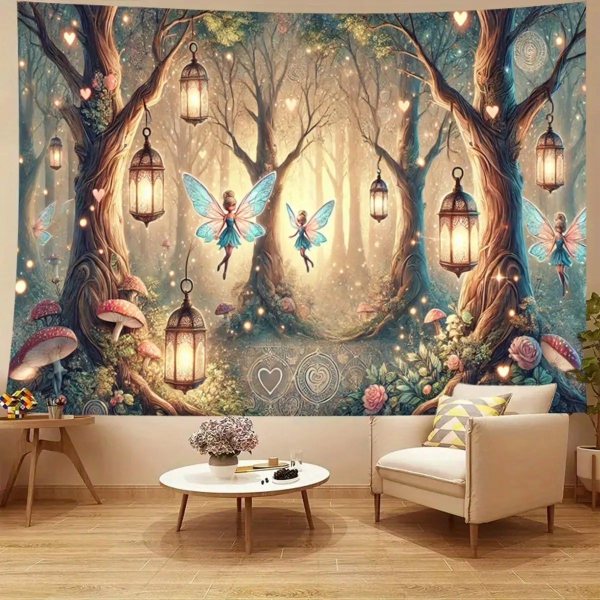 Retro Polyester Print Cute Fairy Forest Tapestry - Classic Home Decor Wall Art with Flowing Light Illusion, Lantern, Mushroom, Animal Elements, Glam Girls' Room Decor for Family Hanging Decoration