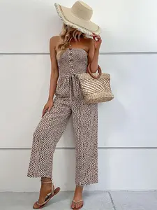 Summer Bestseller New Fashion Boho Women's Wrap Top Sleeveless Tie Waist Wide Leg Jumpsuit, Stylish Leopard Print Slim Fit for Holiday Wear