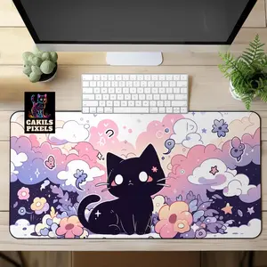 Cute Black Cat Desk Mat, Cartoon Cat Non Slip Mouse Pad, Aesthetic Desk Mat, Large Gaming MousePad, Kawaii Cat Desk Pad