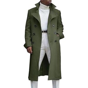 Runcati Men's Notch Lapel Double Breasted Long Trench Coat Casual Cotton Blend Peacoat