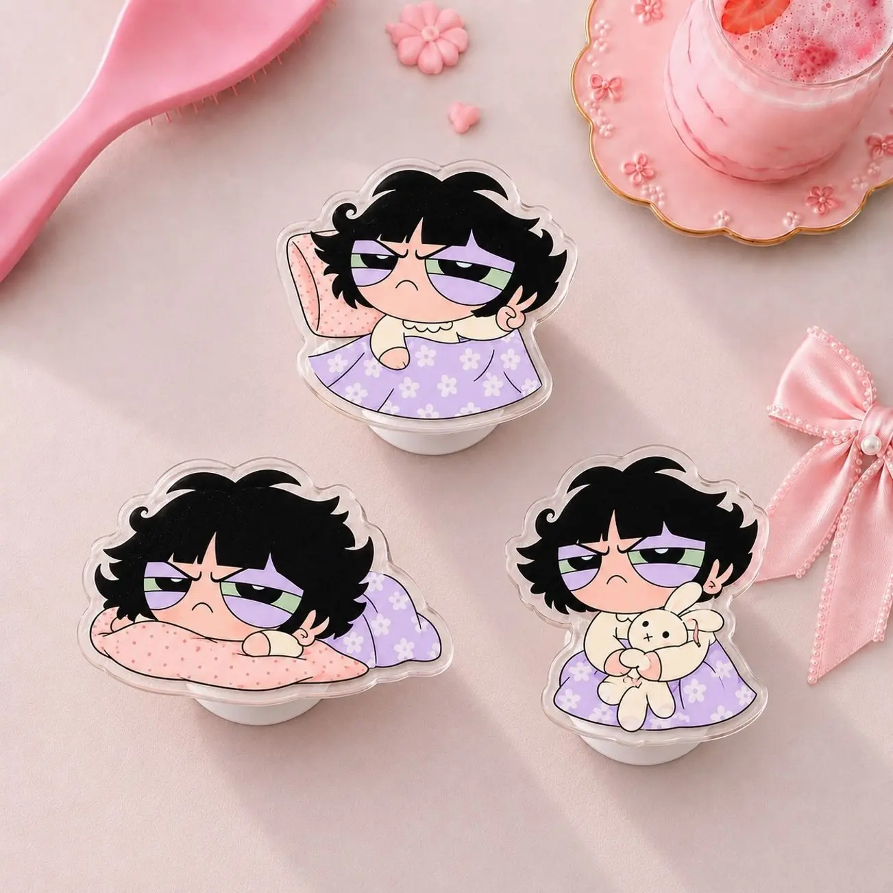 Grumpy Bedtime Girl chibi cute Phone Grip, Sleepy Sassy powpuff girl  Character Phone Holder, Gift For Friends & Coworkers