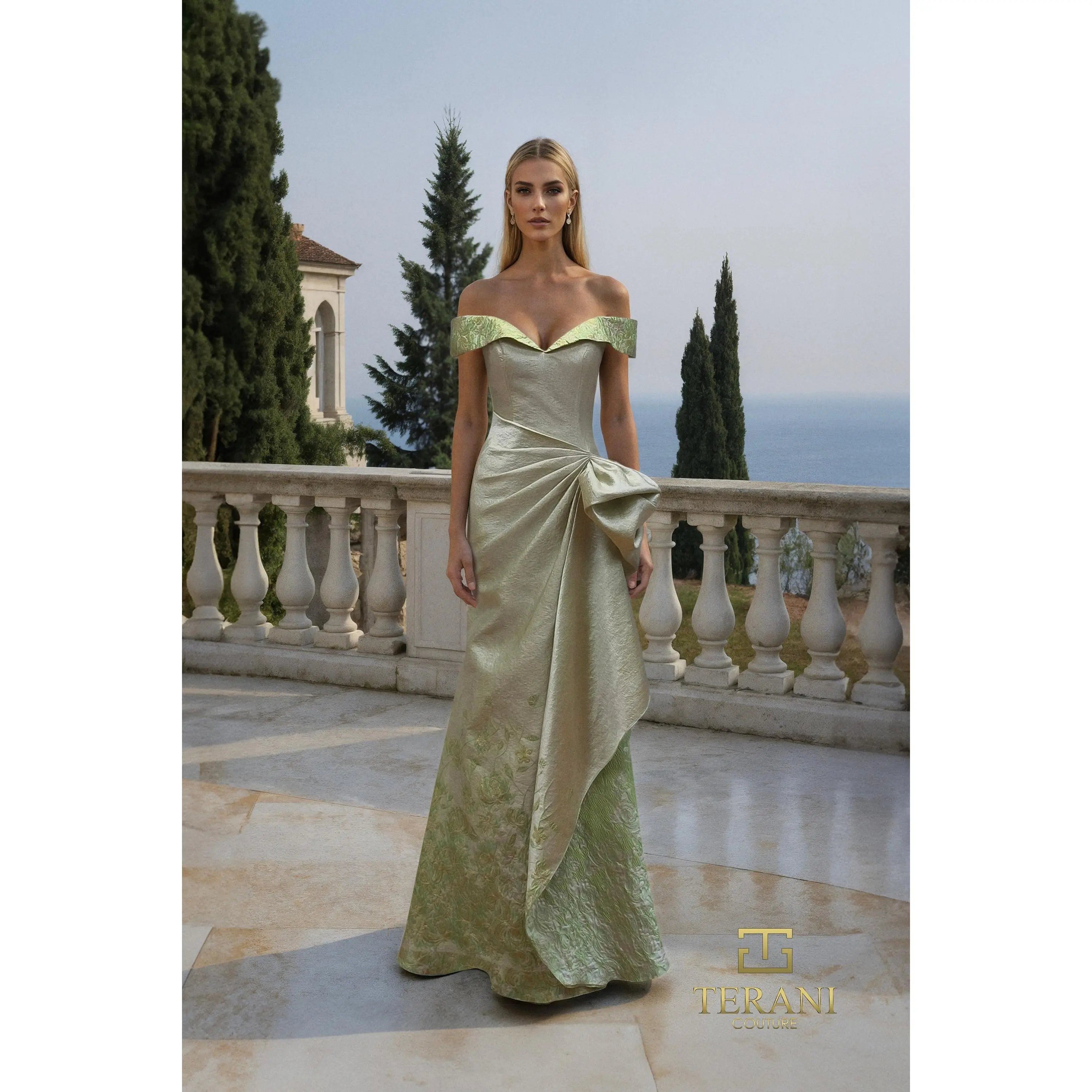 TERANI 261M6451 Dress Off-Shoulder Jacquard Column Gown