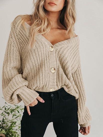 TFNOSIZE Women's Chunky Knit Open-Front Sweater Long Sleeve Button Loose Fit Short Cardigan Outerwear Coat