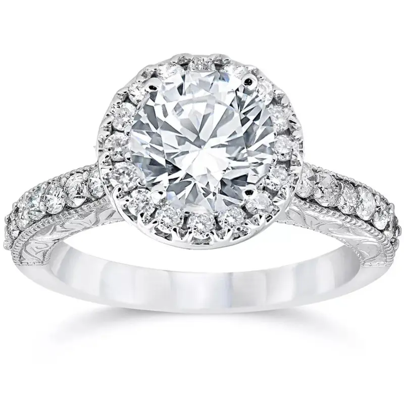 Certified 2Ct Diamond Halo Engagement Ring Antique 14k White Gold Lab Grown