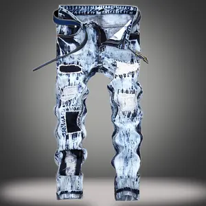 Men's Mid Rise Slim Straight Jeans| Vintage Washed Blue Tie-Dye Patchwork Embroidered Ripped Denim Pants