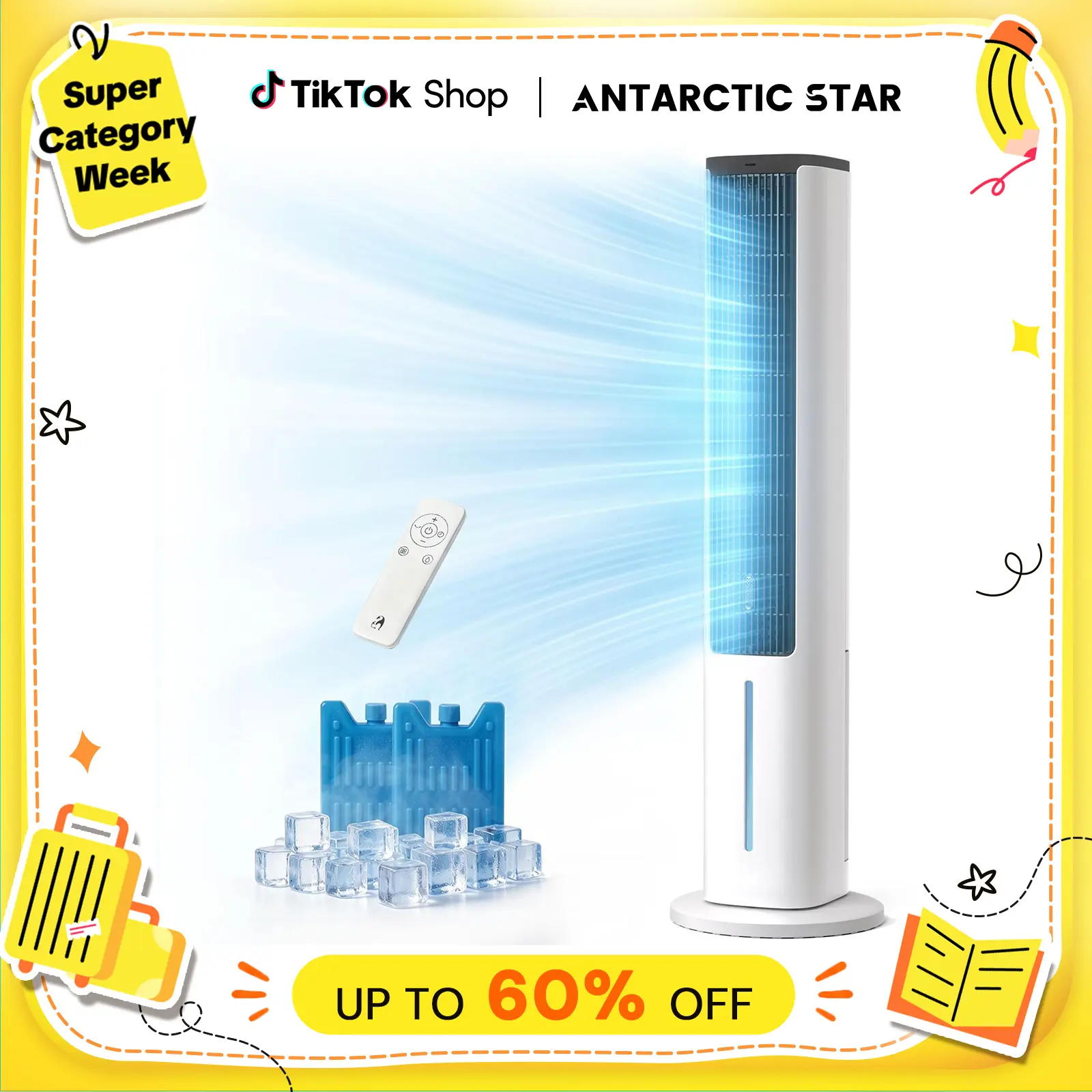 【BackToSchool】Antarctic Star Evaporative Air Cooler, 40" Standing Fans that Blow Coold Air, 80° Oscillating Bladeless Cooling Fan for Bedroom, 5L Removable Water Tank, 15H Timer, 4 Speeds + 3 Modes, Aromatherapy Box, Remote Control,tiktokshopbacktoschool